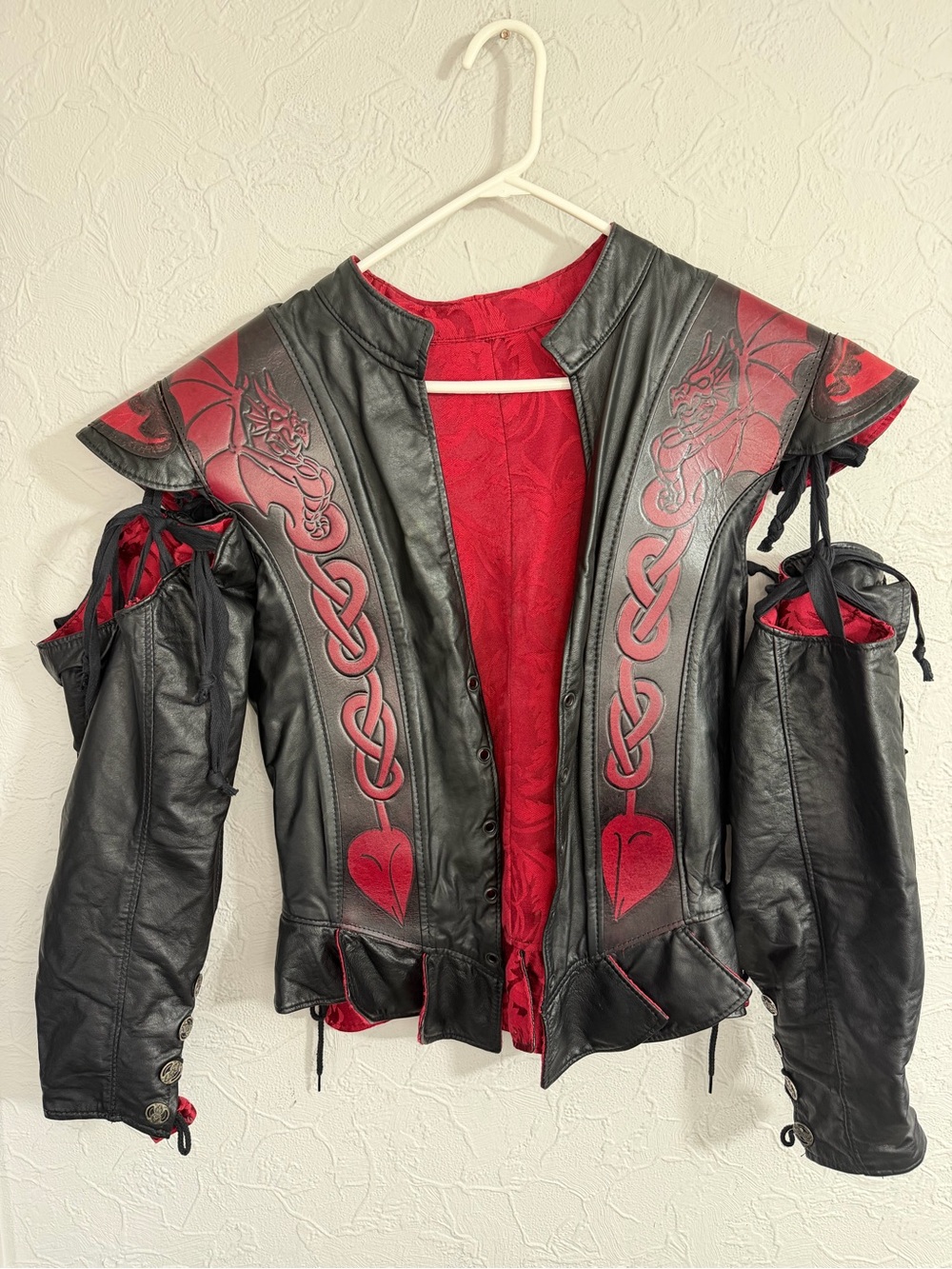 Celtic Doublet with sleeves Renaissance Faire Black & Red Leather, Dragon Prince